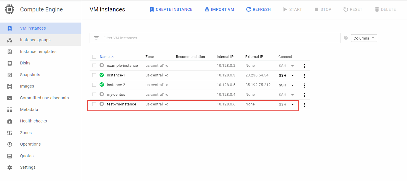 Status of VM Instance on Chrome