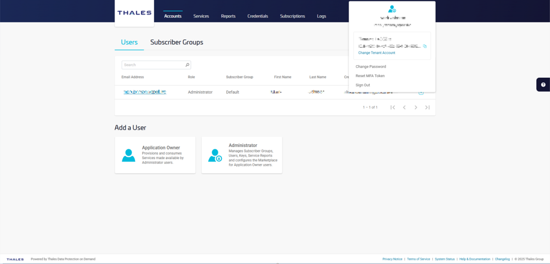 The tenant user interface with user account management panel opened.