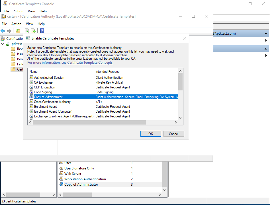 Selecting New CA Template and Clicking OK Selecting New CA Template and Clicking OK