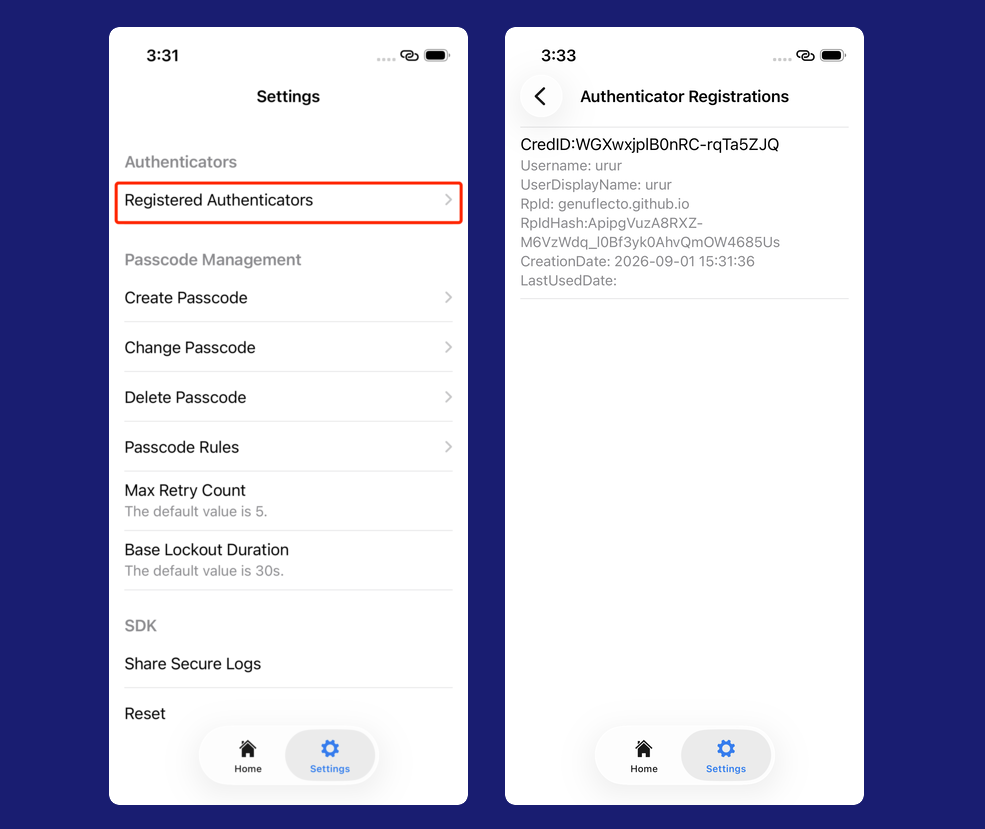 Displaying a list of existing authenticator registrations Displaying a list of existing authenticator registrations