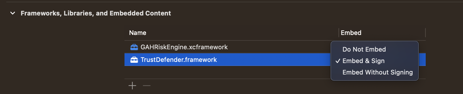 Xcode 11: General > Frameworks, Libraries and Embedded Content trust embed