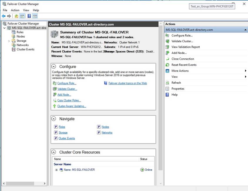 Failover Cluster Manager Failover Cluster Manager Screen