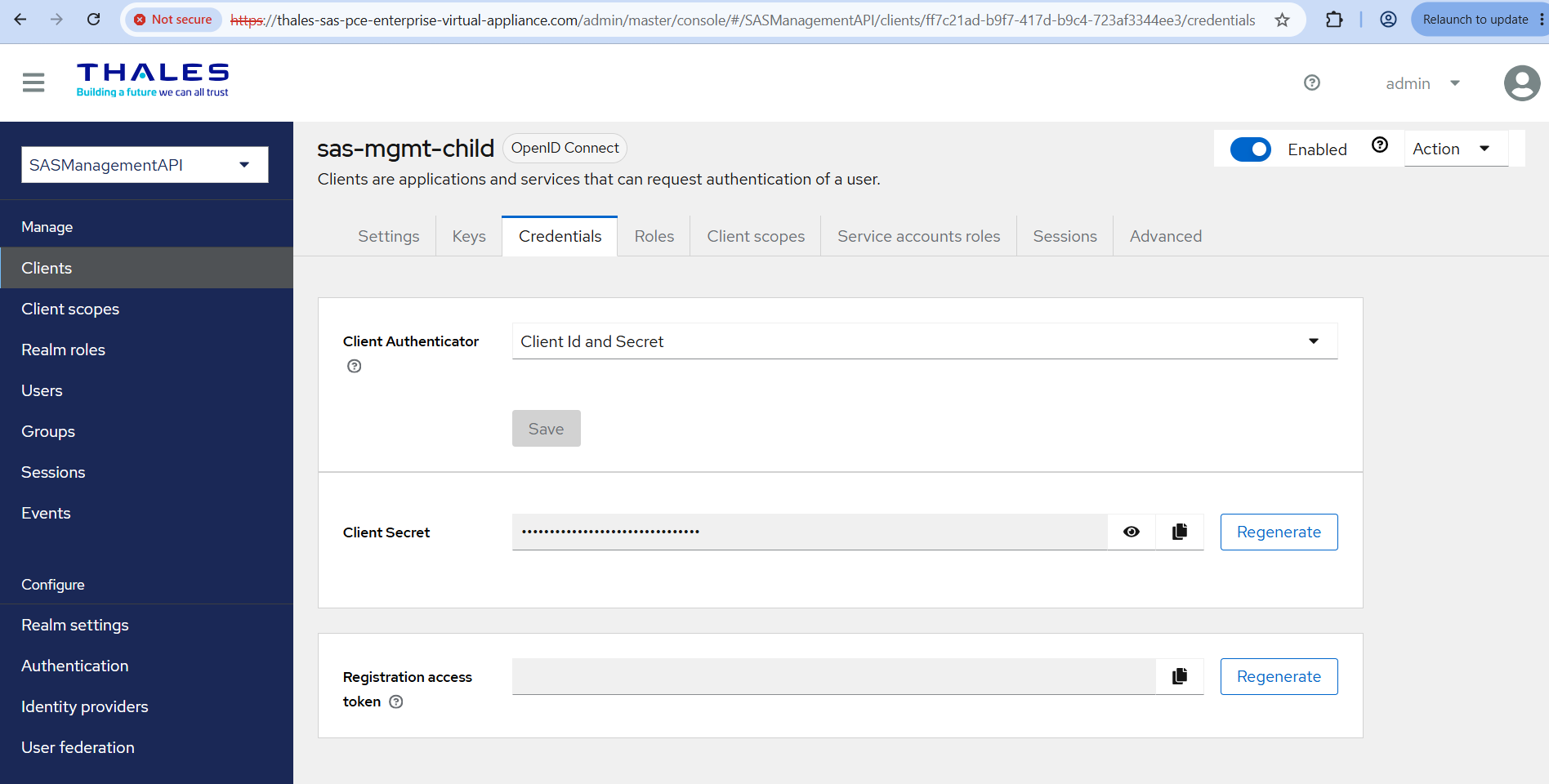 Credentials tab with Regenerate secret button