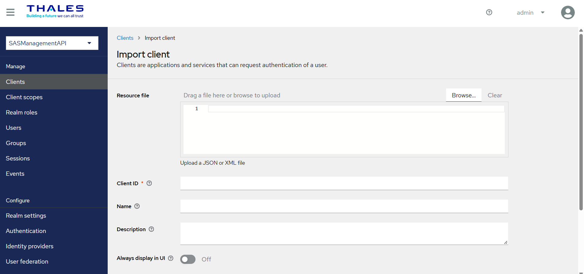 Import client dialog with sas-mgmt-child.json loaded