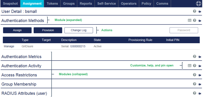 Parts of the Token Management console alt text