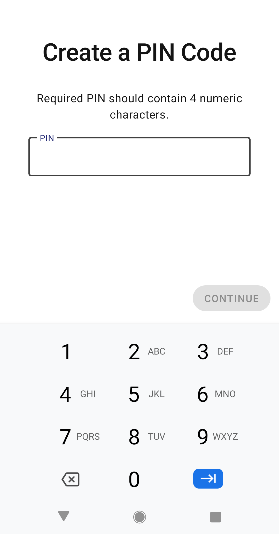 Create PIN code Create PIN code