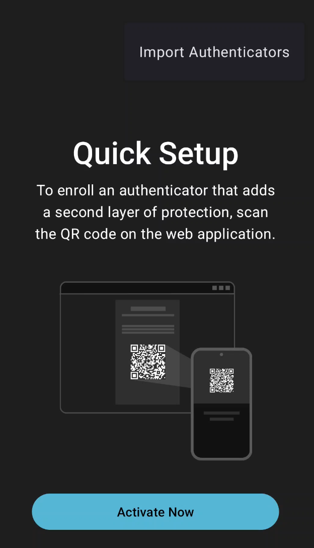 Tutorial screen with Import Authenticator Tutorial screen with Import Authenticators menu