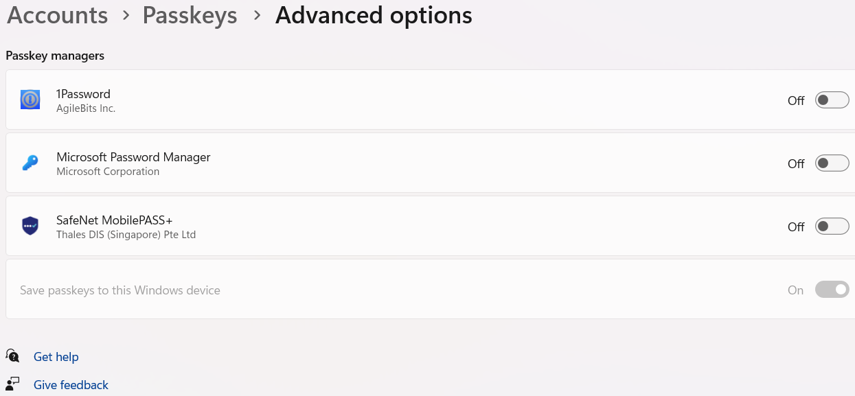 Passkey managers listed in Windows Settings