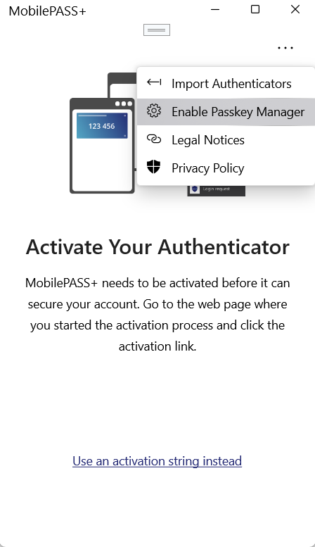 Enable Passkey Manager in the MobilePASS+ menu