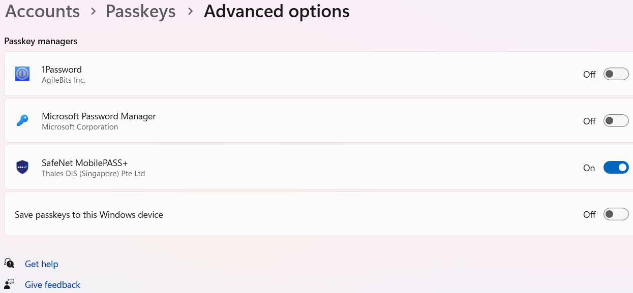 SafeNet MobilePASS+ enabled as a passkey manager